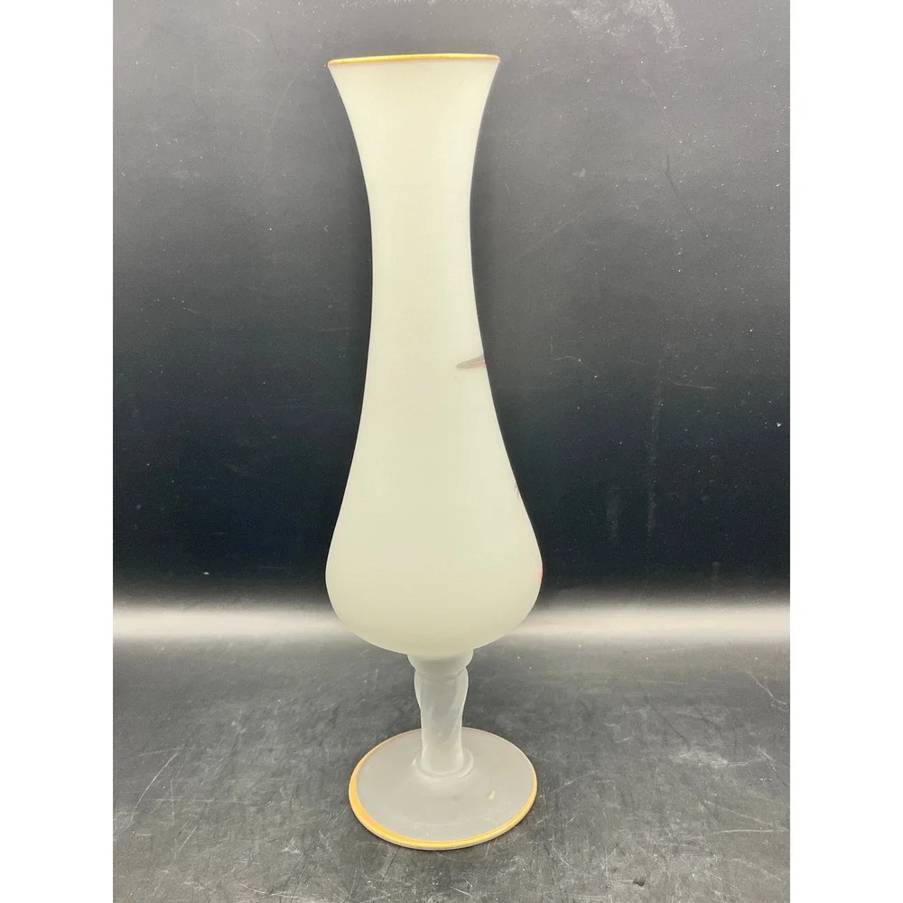 Vtg Norleans White Satin Frosted‎ Glass Bud Vase Bird Gold Rim Pedestal 60s 10